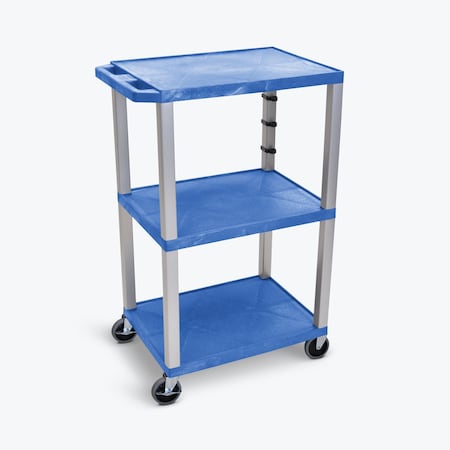 Luxor 42''H 3-Shelf Utility Cart, Blue Shelves, Nickel Legs UCPL1BU-N